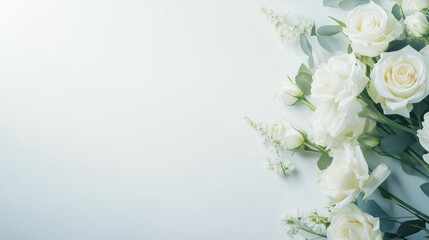 White roses on the side of a minimalist background with space for text.