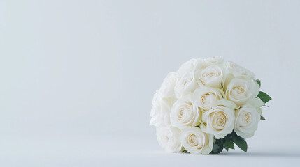Bouquet of white roses on a light background, copy space.
