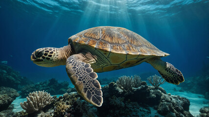 Majestic Sea Turtle Gliding Gracefully Through Clear Turquoise Ocean Waters Habitat