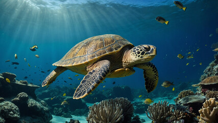 Obraz premium Sea Turtle Gracefully Swimming Through A Vibrant Coral Reef Ecosystem