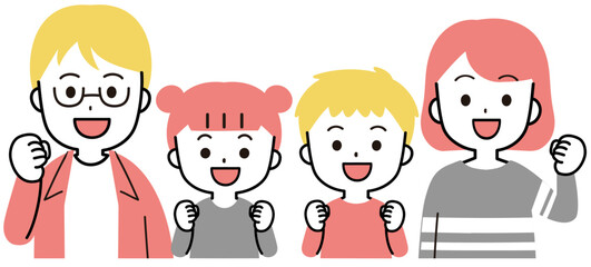 笑顔でガッツポーズをする家族のイラスト