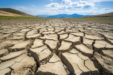Fototapeta premium Dry cracked earth with the backdrop of mountains and blue cloudy skies. Perfect for projects discussing drought, climate change, and desertification.