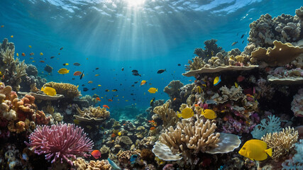 Vibrant Underwater Coral Reef Scene With Tropical Fish And Sunlight Beams