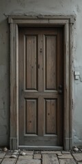A weathered wooden door with intricate carvings stands prominently in the entrance of an ancient stone building, showcasing its rustic charm and historical significance.