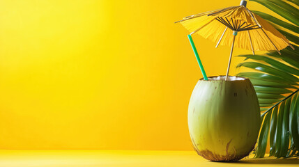 A coconut with a straw and umbrella on a bright yellow background, symbolizing summer vibes.