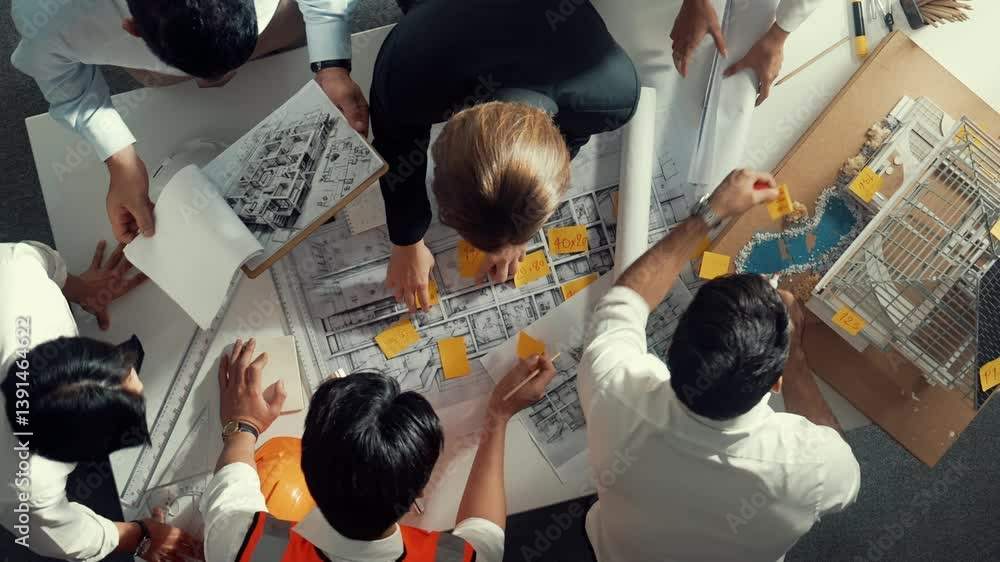 Poster top down view of skilled engineer team talking while looking at project plan. aerial view of group o