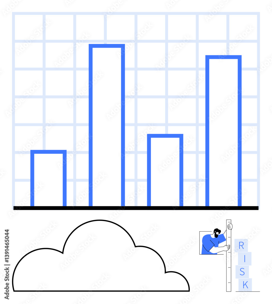 Poster bar graph with varying heights, cloud layer, and professional using ladder to evaluate risk. ideal f