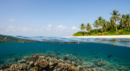 Fototapeta premium Underwater scene with vibrant coral and blue fish, transitioning to a tropical beach with palm trees