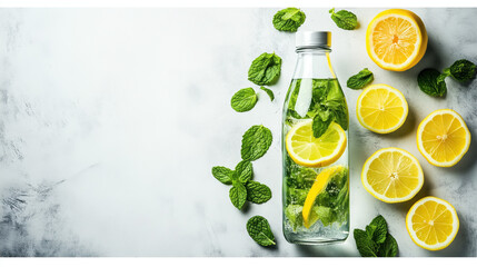Refreshing lemon water with mint and citrus fruits, copy space.