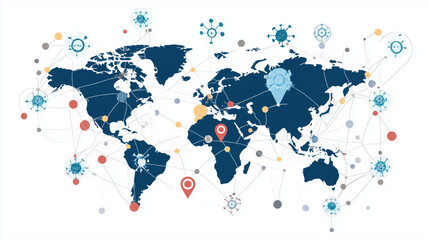 Graphic world map with viruses, symbolizing the global pandemic and medical threats.