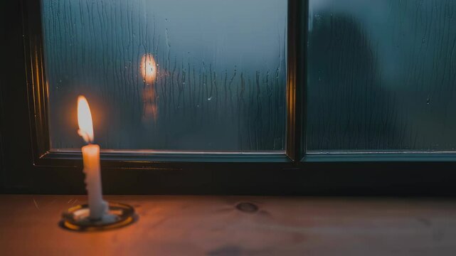 Candlelight Reflection on Foggy Window