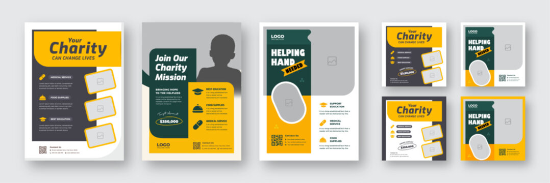 Charity flyer, banner & social media post bundle | Fundraising & donation campaign template | Nonprofit event promotion for social awareness & humanitarian aid