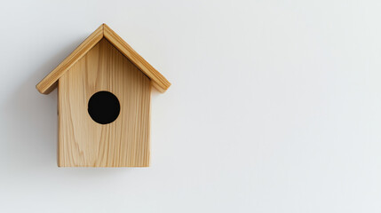 Wooden birdhouse on white background, copy space 
