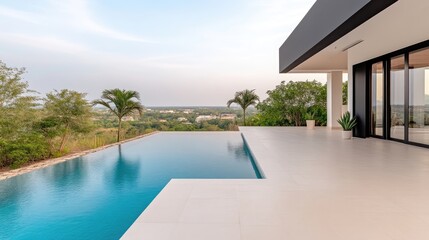 Modern luxury home with infinity pool overlooking a cityscape. Expansive patio with clean lines and neutral tones, offering a tranquil retreat
