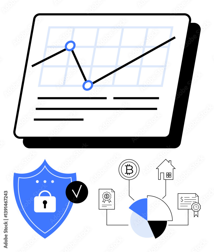 Poster analytics graph with upward trend, pie chart with financial elements, and shield with lock symbol. i