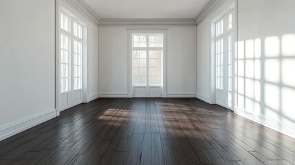 Obraz premium Bright and airy empty room with hardwood floors and classic white walls. Ideal for real estate listings or interior design mockup purposes.
