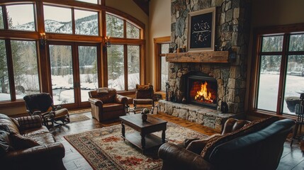 Cozy living room with fireplace, leather furniture, and mountain view.