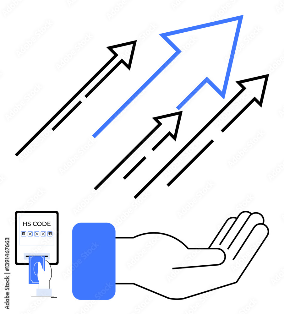 Poster upward arrows indicating progress, a payment terminal with a card, and an open hand representing fin