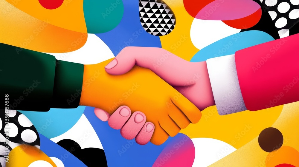Poster diverse hands shaking in a colorful and vibrant abstract background representing unity and collabora