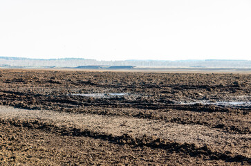 Bbarren post-war field stretches endlessly under pale sky, scarred and abandoned. Abandoned land, desolate mood, wide-angle view, low contrast, rural area, post-conflict terrain, symbolic of loss 