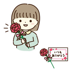 母の日にカーネーションを持つ女の子と感謝の手紙イラストセット