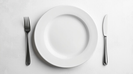 Empty white plate with fork and knife on white background, top view.