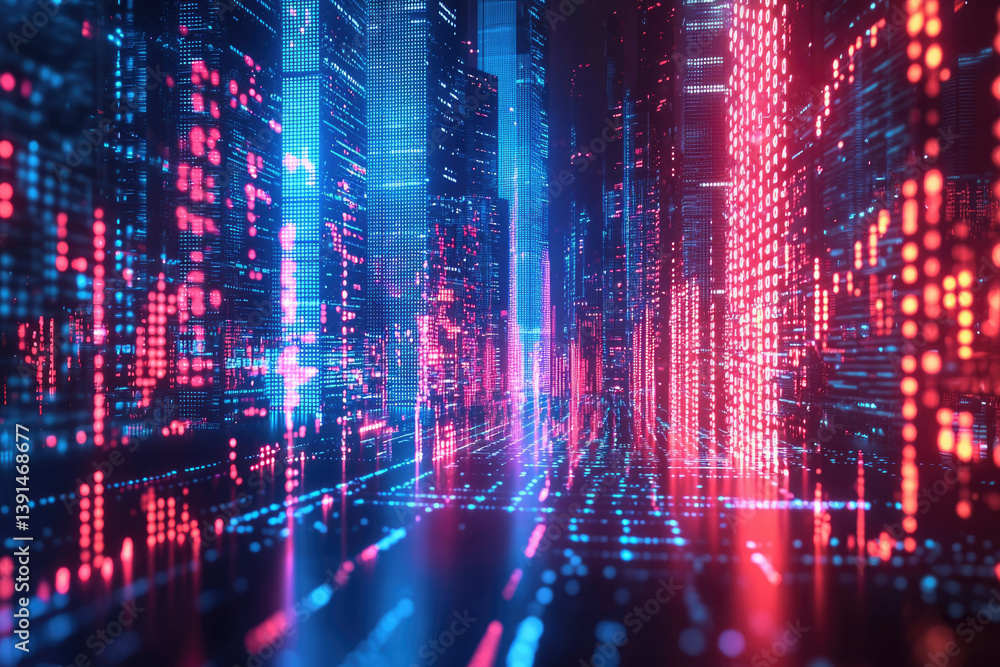 Poster a futuristic cityscape rendered in vibrant red and blue digital code, creating a mesmerizing visual 