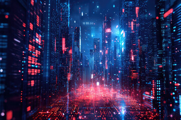 Fototapeta premium A futuristic cityscape rendered in vibrant red and blue hues, depicting a digital metropolis with glowing data streams.
