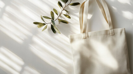 Eco tote bag on a light background with plant branch.