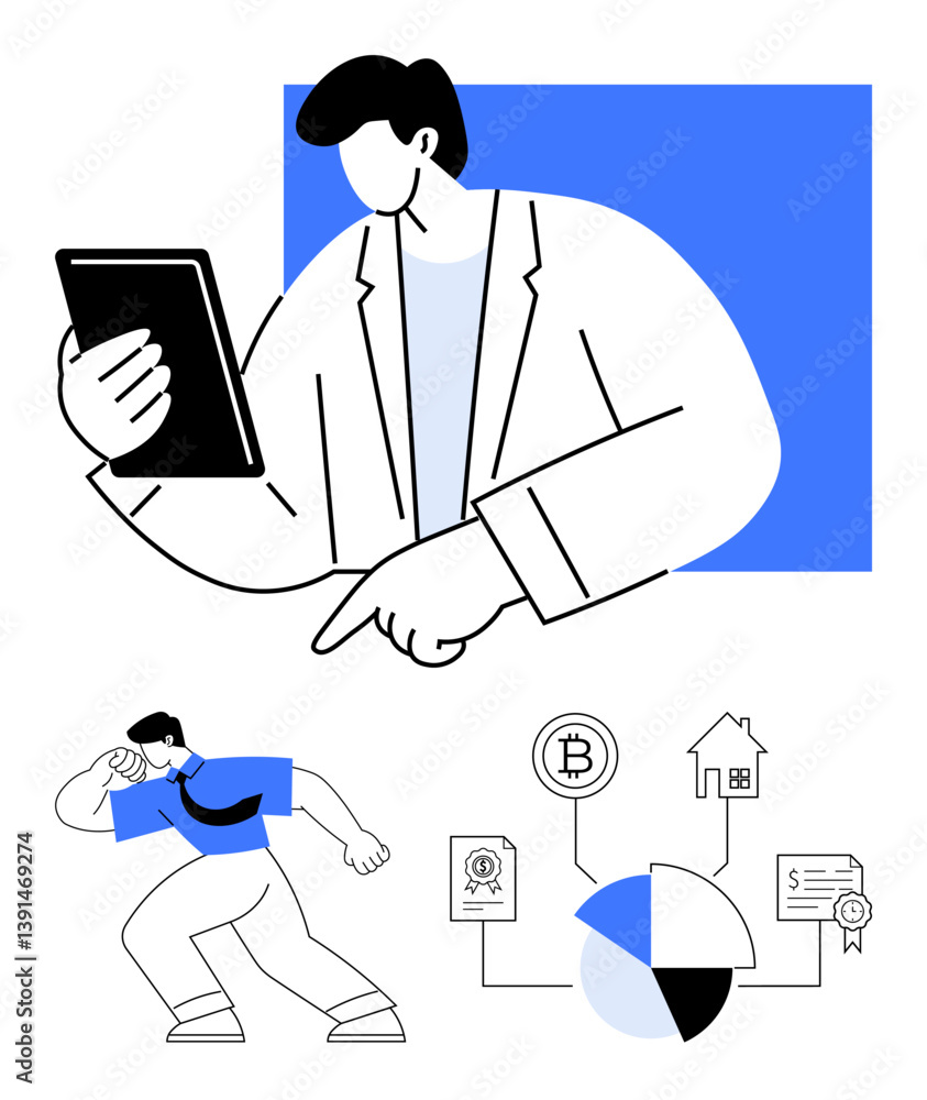 Poster man using tablet, pointing at data visualization elements. person analyzing finance charts, bitcoin,