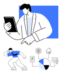 Man using tablet, pointing at data visualization elements. Person analyzing finance charts, Bitcoin, home, documents. Ideal for business, technology, economics investment planning finance