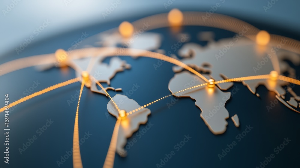 Poster global connectivity illustrated through a detailed world map with glowing network lines at dusk