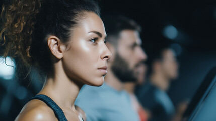 Focused woman exercising on treadmill in gym with others in background