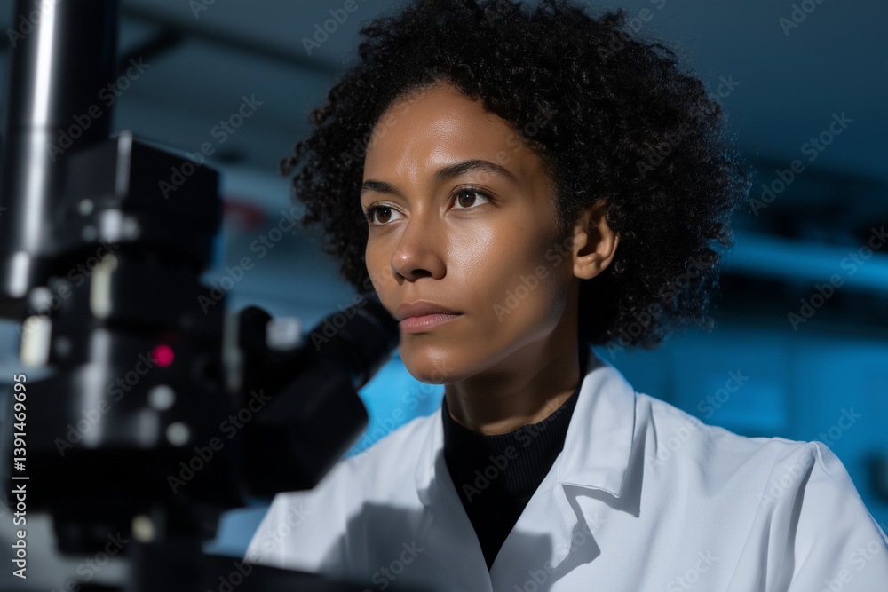 Poster focused woman scientist in lab coat uses microscope in laboratory setting