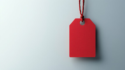 Red retail tag with string on a minimalist gray background for discount or sale marking.