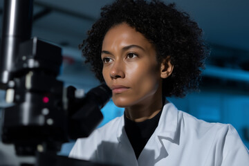 focused woman scientist in lab coat uses microscope in laboratory setting