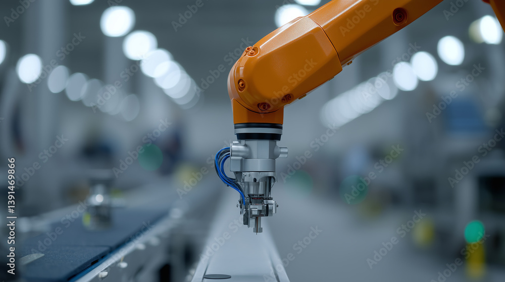 Poster orange robotic arm working on conveyor belt in factory setting, showcasing precision and technology