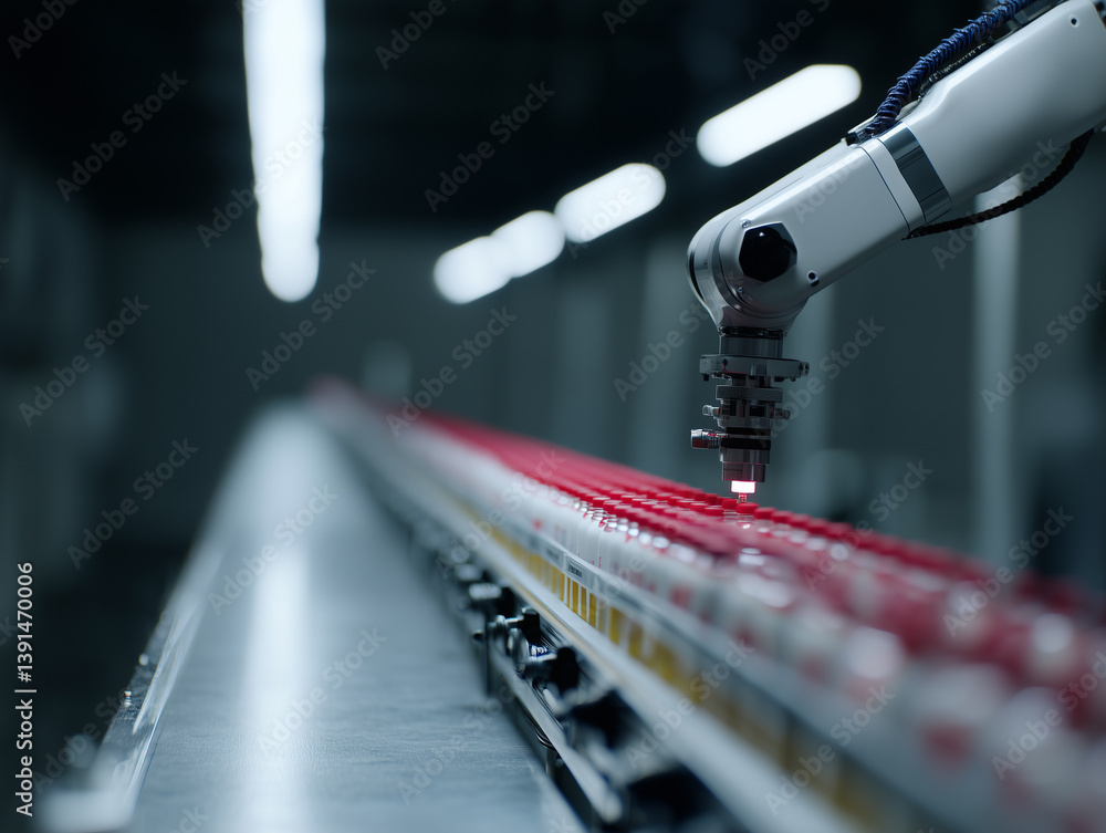Poster robotic arm operates on production line, handling red capped containers efficiently