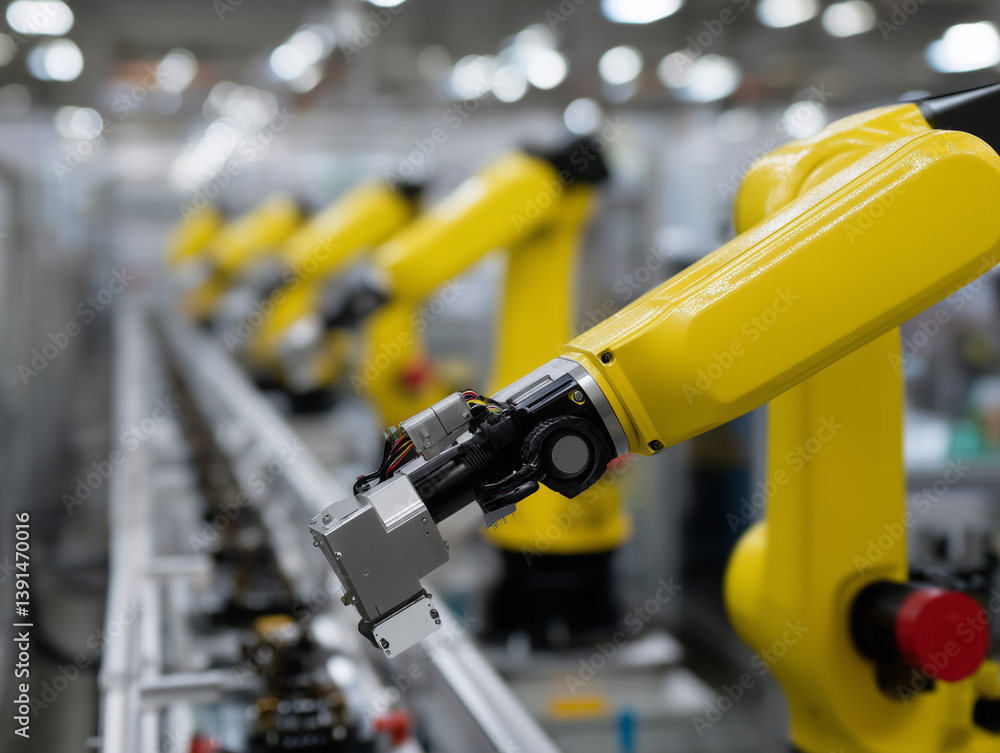 Poster Yellow robotic arms working in automated factory line, showcasing precision and efficiency