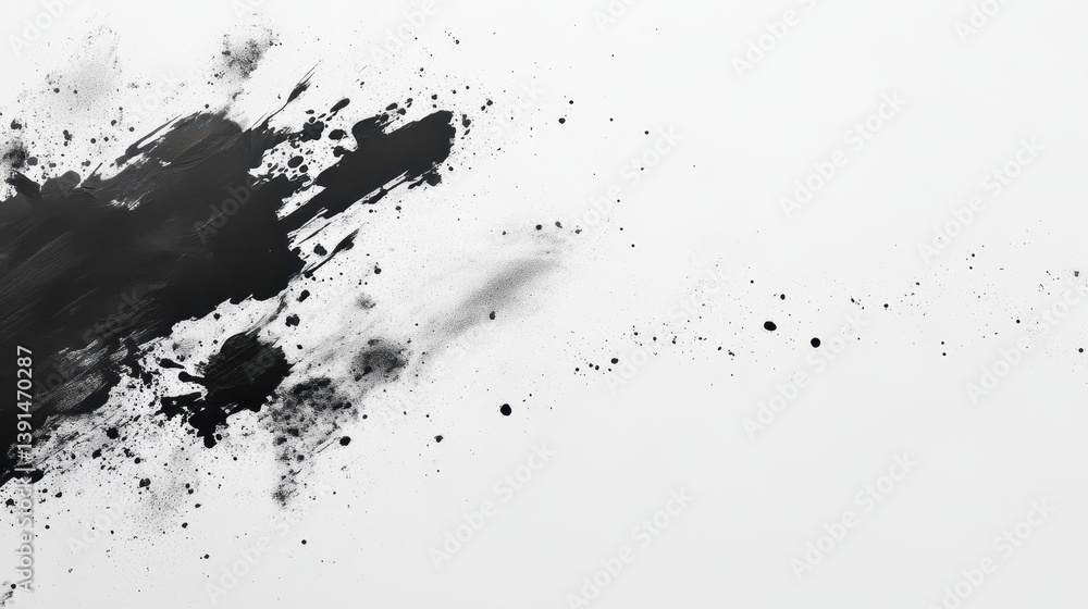 Poster black paint splatters and strokes on white canvas with copy space. use for artistic themes, backgrou