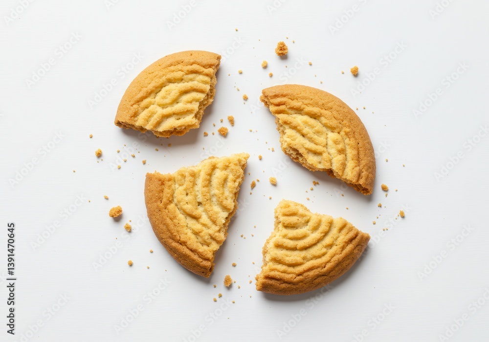 Poster four pieces of a golden cookie with a pattern arranged on a white surface with crumbs scattered arou