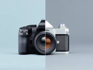 split screen image of modern digital camera and vintage film camera, showcasing contrast
