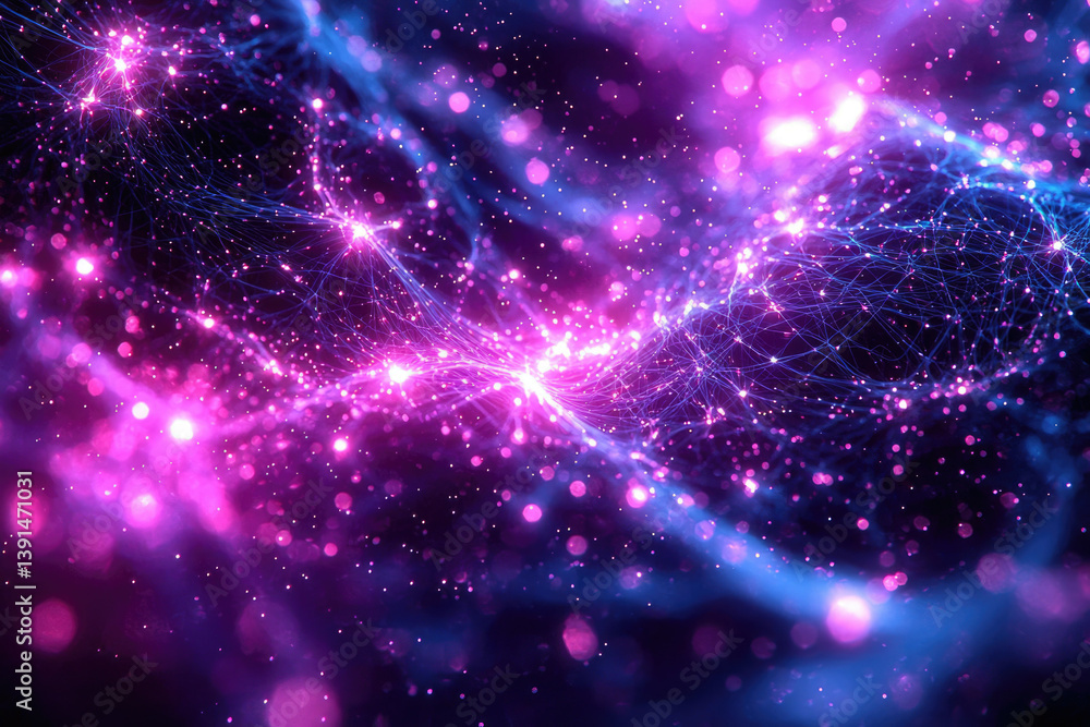 Poster abstract cosmic nebula with vibrant pink and blue hues, interconnected nodes forming a celestial net