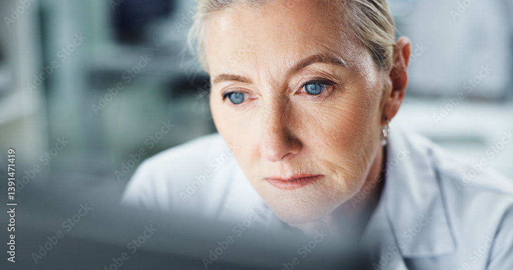 Poster thinking, scientist and woman with computer, lab and serious for research on web, reading and info. 