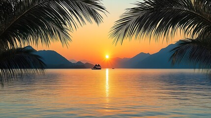 Tropical sunset over calm sea framed by palm leaves.