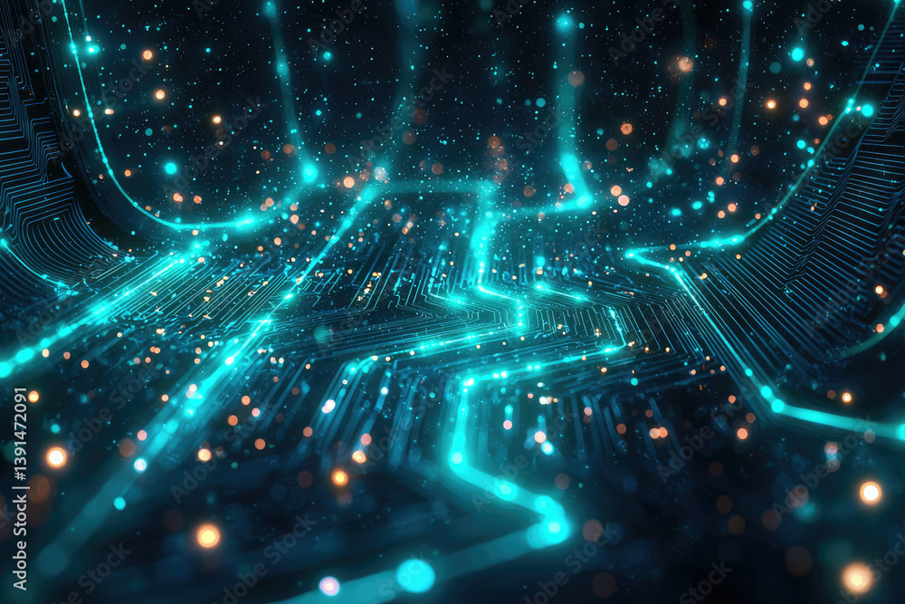 Poster Abstract digital circuit board with glowing teal lines and particles, representing technological innovation and data flow.