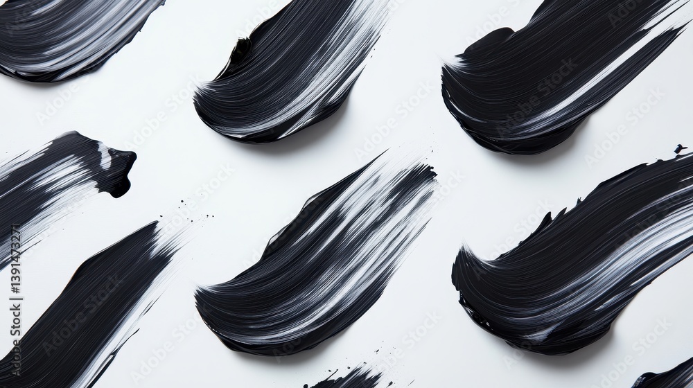 Poster black paint strokes with visible textures on clean white canvas backdrop. can be used for background