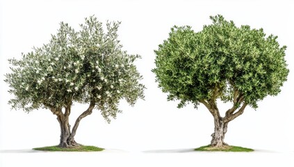 Obraz premium Two olive trees, one in bloom, one in full leaf, isolated on white background