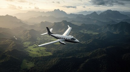 A sleek private jet soars above lush green mountains, capturing the beauty of nature and human innovation in stunning aerial perspective.