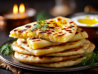  aloo paratha with ghee, p: a close-up of a flaky aloo paratha,